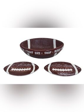 Boston Warehouse 3Pc Ceramic Football Chip Bowl & Plates Set Game Day / Tailgate